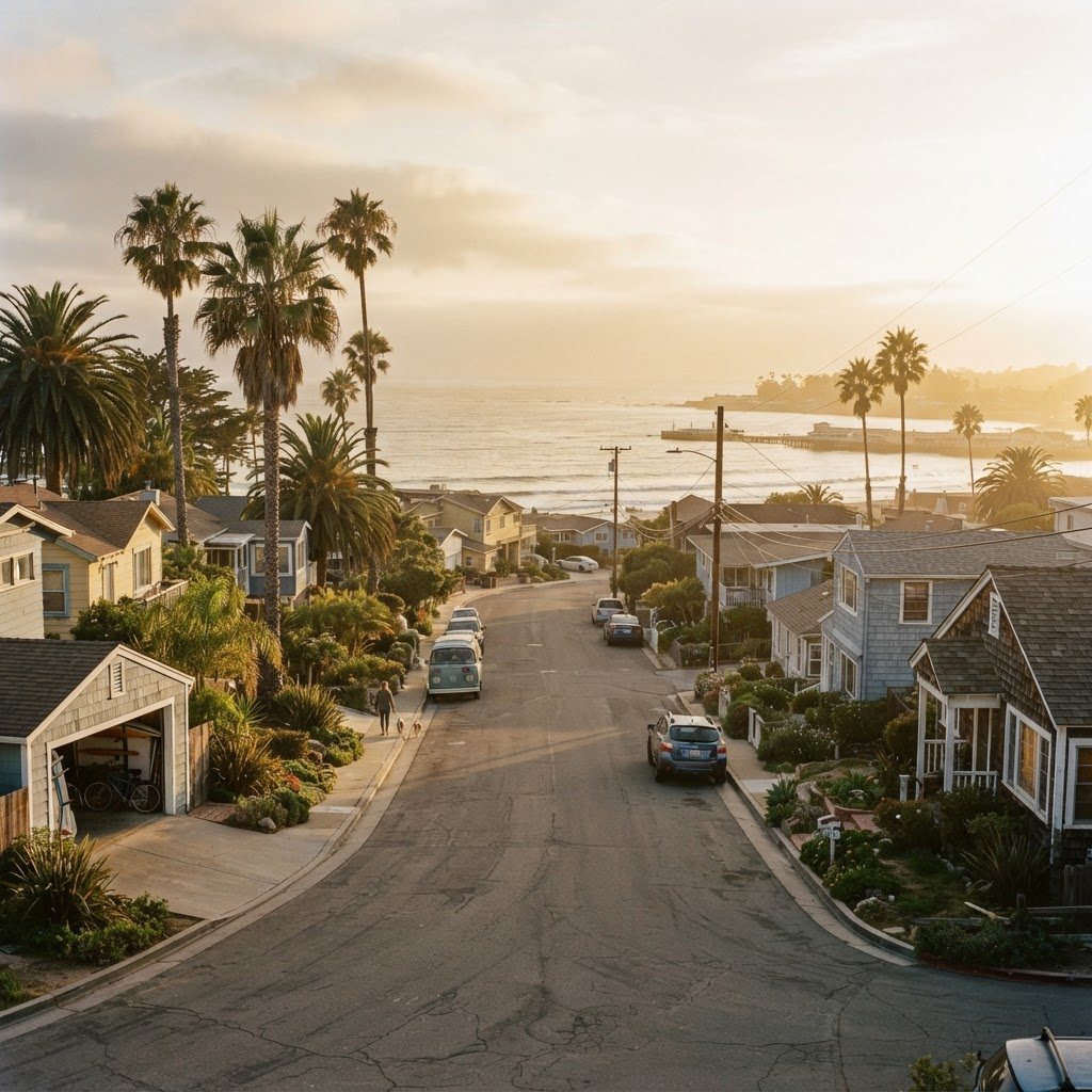 A Santa Cruz coastal neighborhood at golden hour