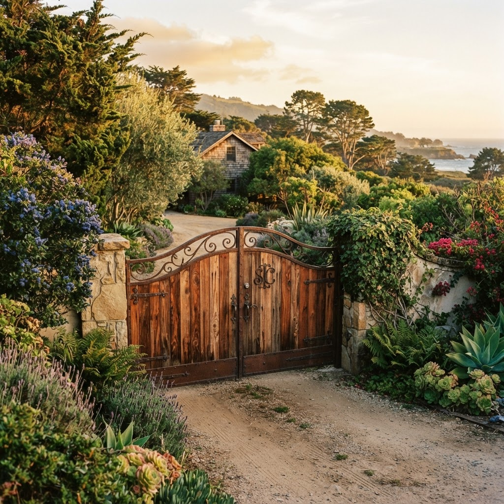 A wooden and iron driveway gate at a Santa Cruz coastal home
