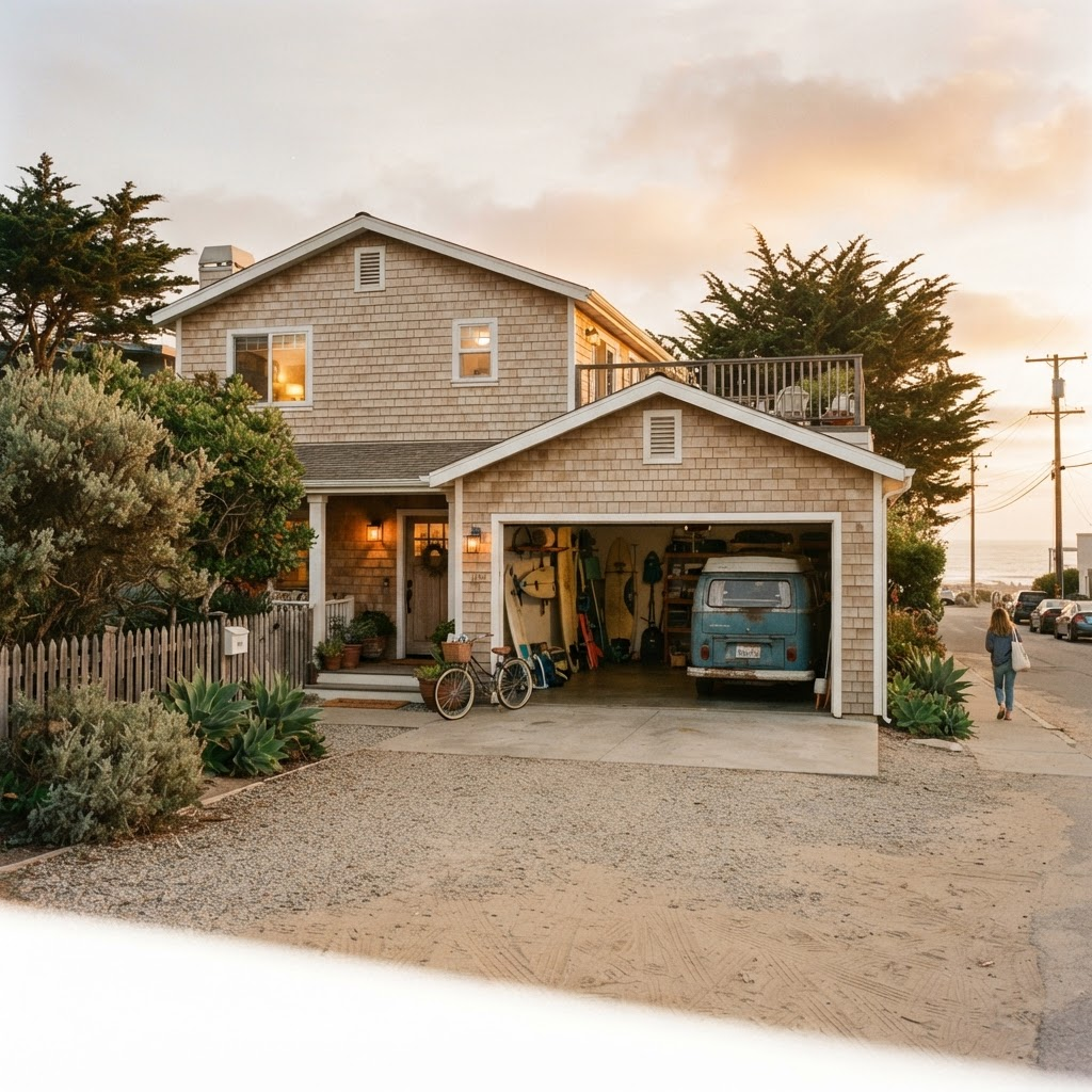 A coastal California home with an open two-car garage