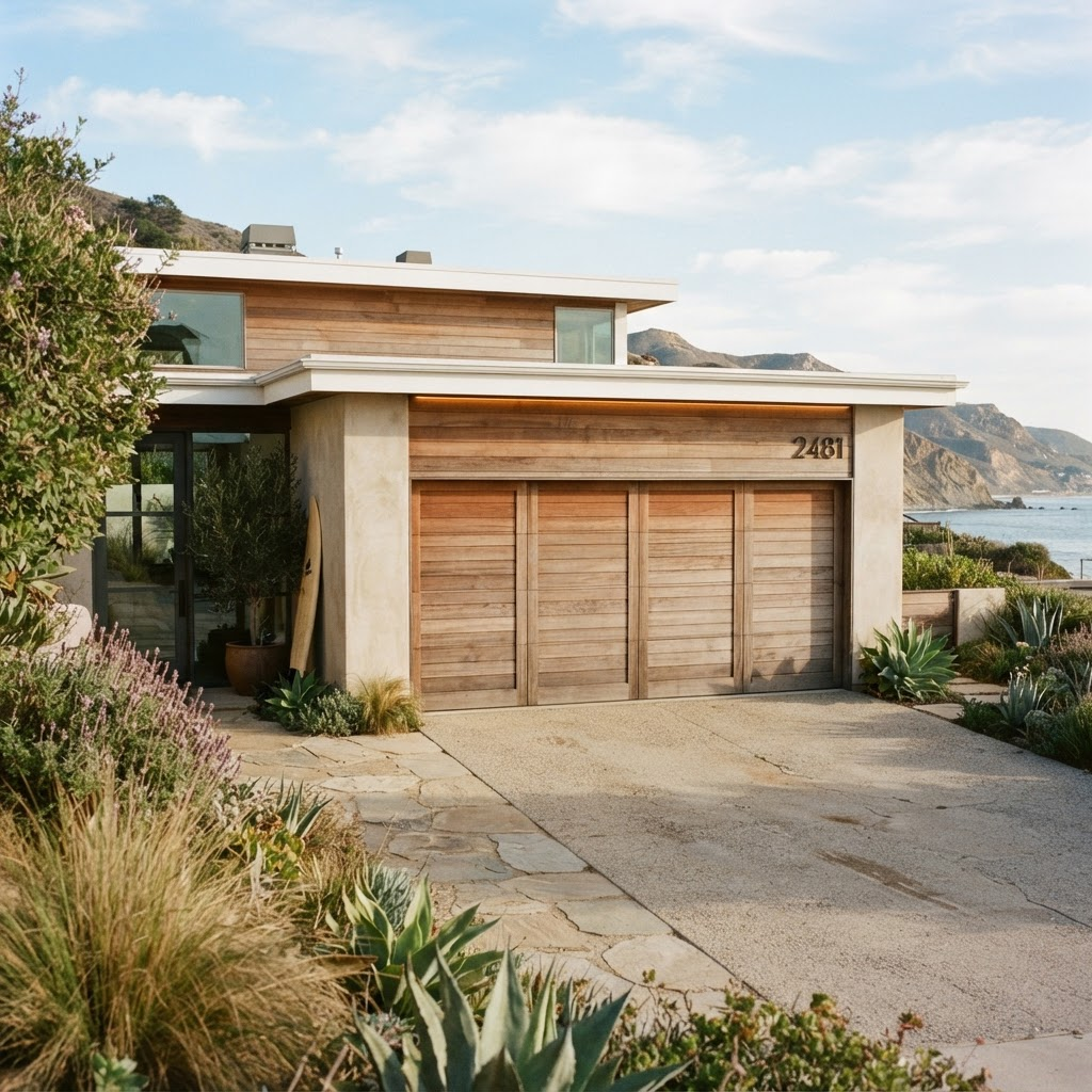 A modern residential garage door on a coastal home