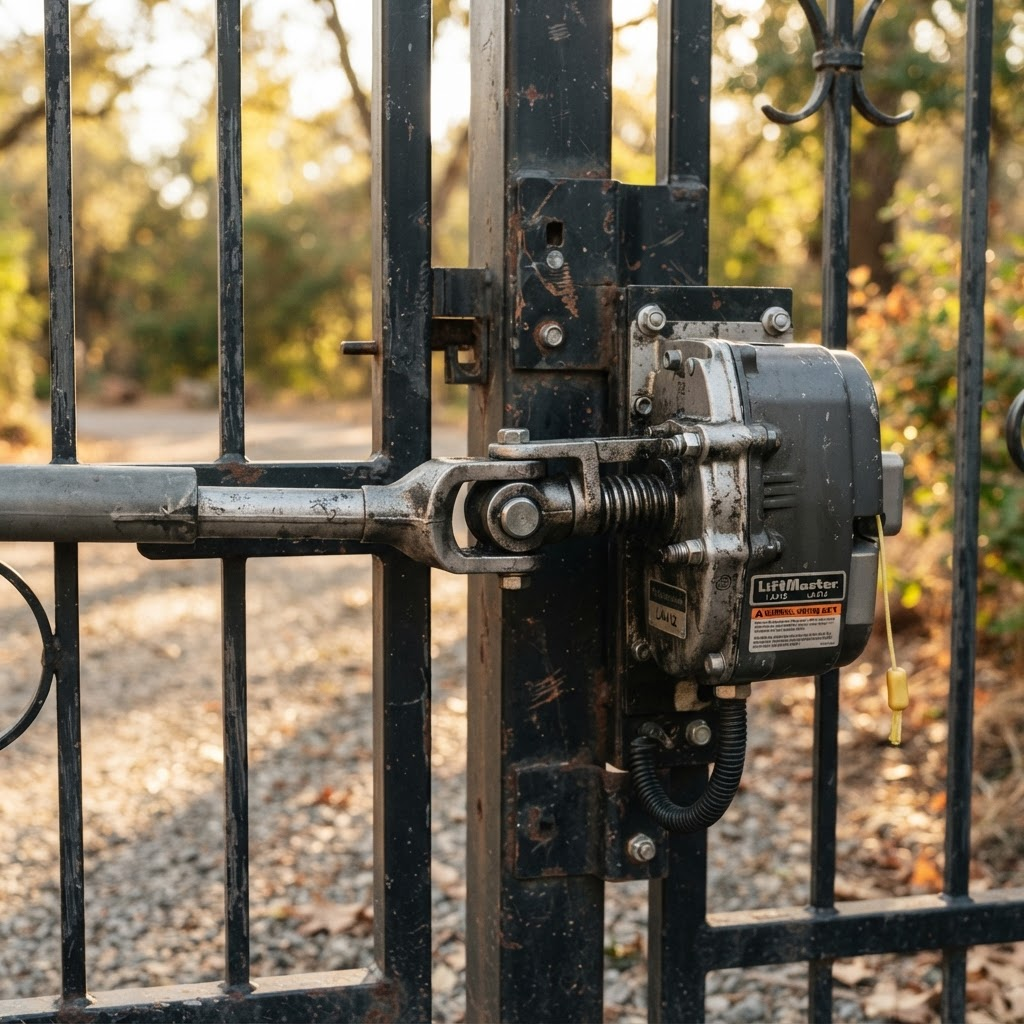 An automatic gate opener motor installed on a driveway gate