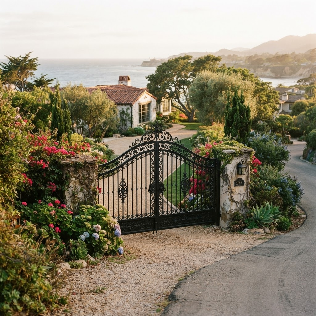 A black iron driveway gate at a coastal California home