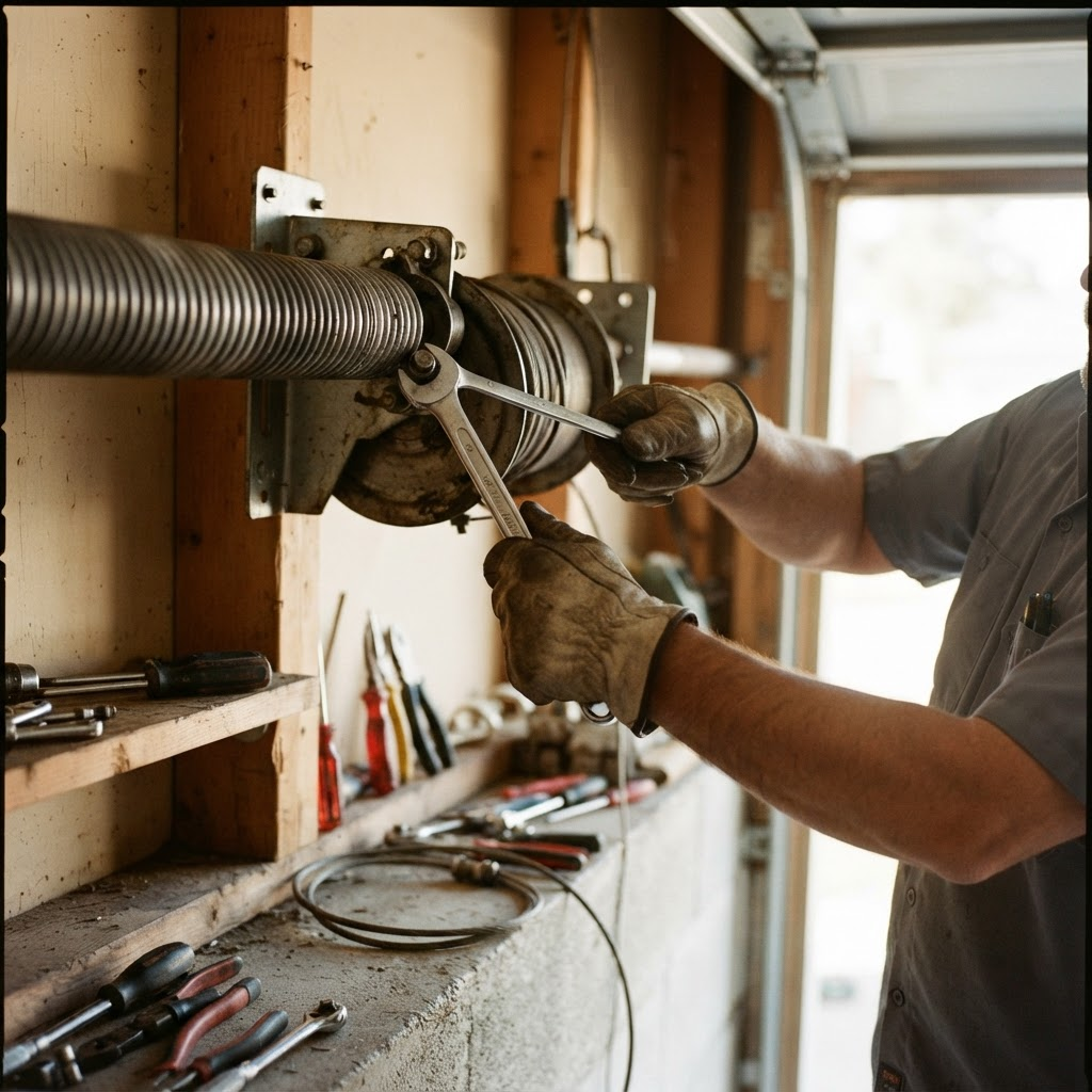 A technician repairing a garage door spring and cable