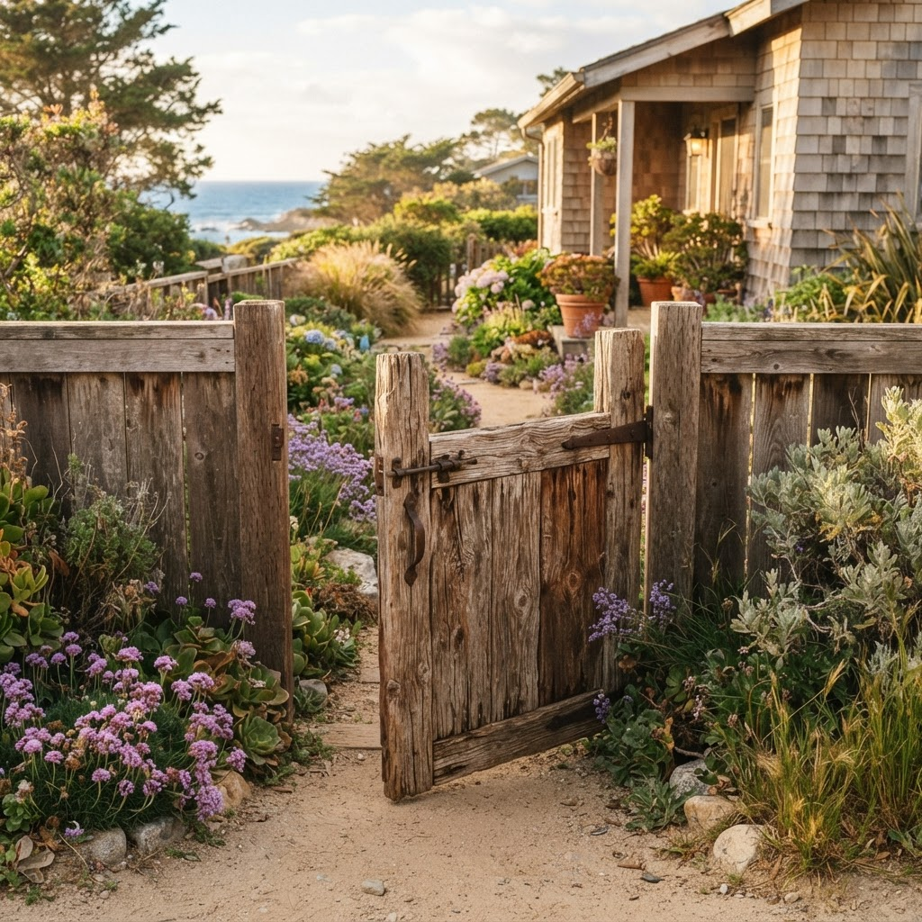 A natural wooden garden gate at a Santa Cruz home