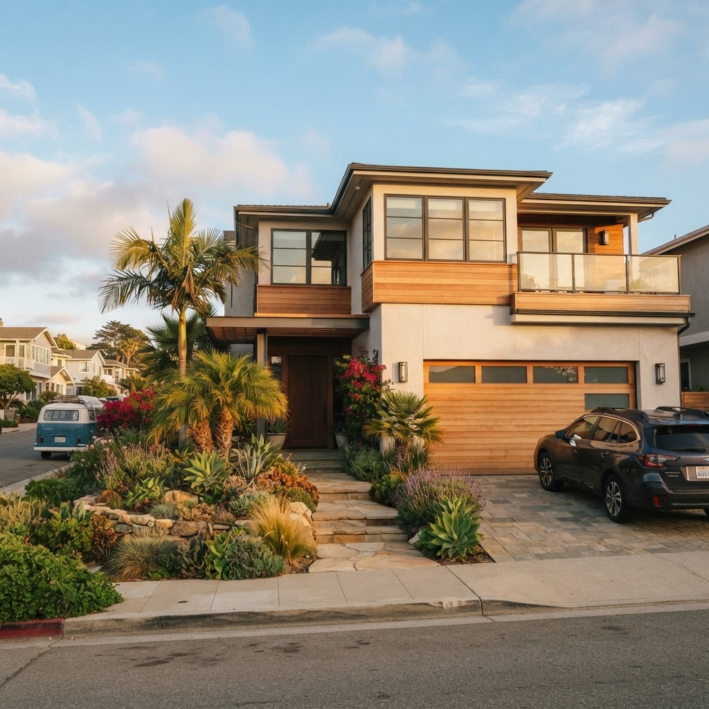 Beautiful coastal California home exterior with a modern garage door in Santa Cruz