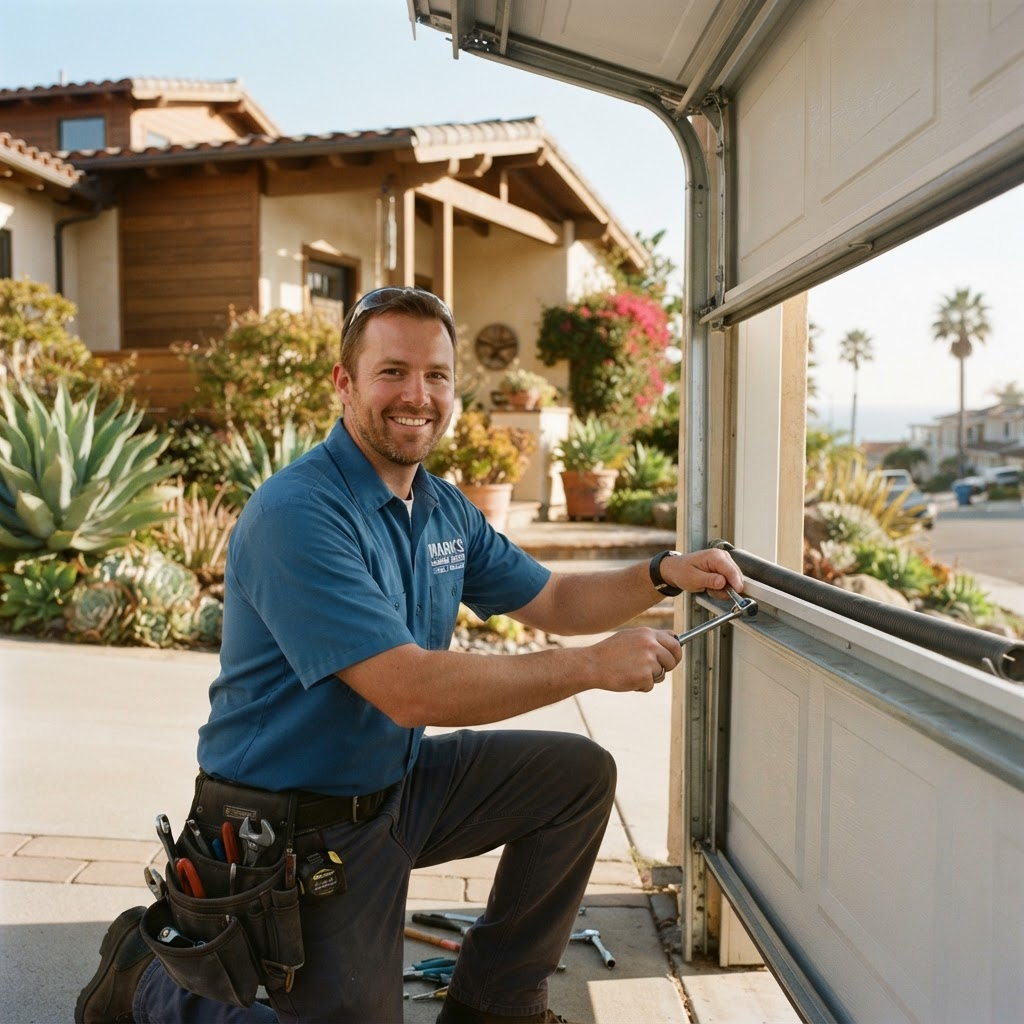 A friendly Santa Cruz garage door technician smiling while working outdoors